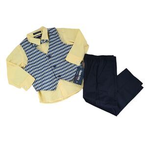 Happy Fella  4-Pc Suit Set Toddler Boys Sz 4  Vest Shirt Tie Pants Navy Yellow